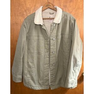 Stoosh Vintage Denim Olive Green Sherpa Lined Chore Jacket Barn Coat XL Utility